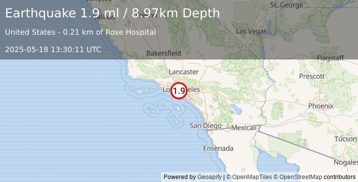 Earthquake 1 km ESE of View Park-Windsor Hills, CA (1.9 ml) (2025-05-18 13:30:11 UTC)
