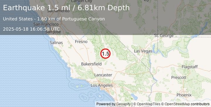 Earthquake 4 km SSW of Coso Junction, CA (1.5 ml) (2025-05-18 16:06:58 UTC)