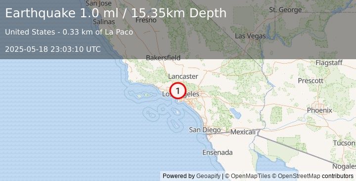Earthquake 2 km NNE of Universal City, CA (1.3 ml) (2025-05-18 23:03:11 UTC)