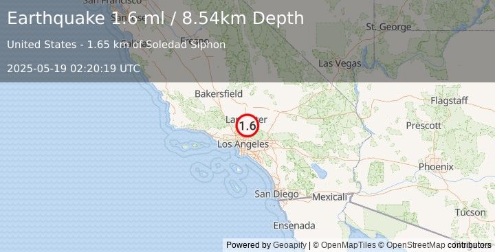 Earthquake 3 km NE of Vincent, CA (1.6 ml) (2025-05-19 02:20:19 UTC)