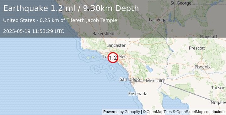 Earthquake 1 km SE of View Park-Windsor Hills, CA (1.2 ml) (2025-05-19 11:53:29 UTC)