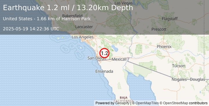 Earthquake 5 km SSE of Julian, CA (1.2 ml) (2025-05-19 14:22:36 UTC)