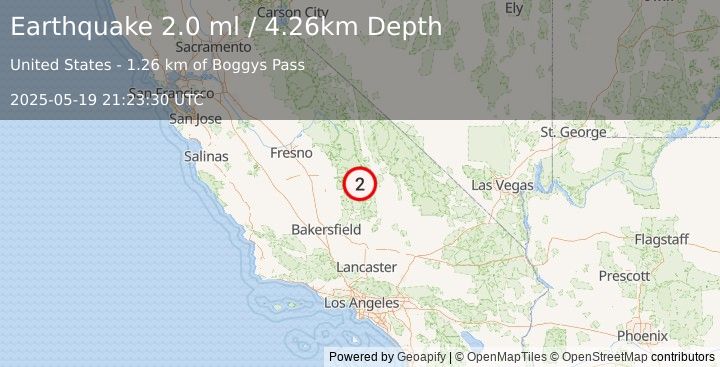 Earthquake 26 km WSW of Olancha, CA (2.0 ml) (2025-05-19 21:23:30 UTC)