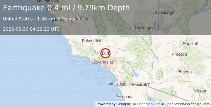 Earthquake 6 km E of Palmdale, CA (0.4 ml) (2025-05-20 04:39:23 UTC)
