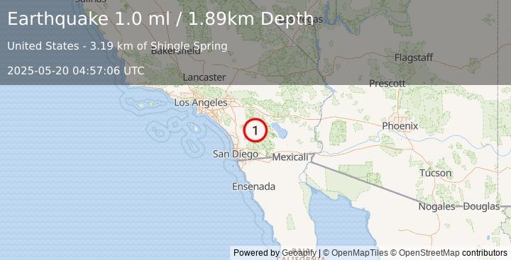 Earthquake 13 km NNW of Borrego Springs, CA (0.9 ml) (2025-05-20 04:57:08 UTC)