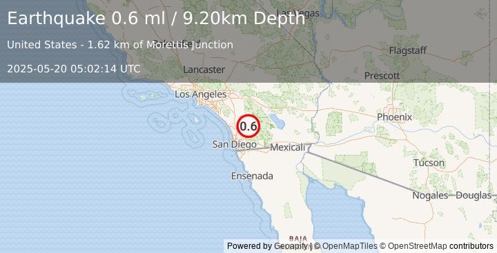 Earthquake 7 km SE of Lake Henshaw, CA (0.6 ml) (2025-05-20 05:02:14 UTC)