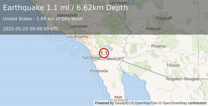 Earthquake 18 km SSW of Ocotillo Wells, CA (1.1 ml) (2025-05-20 09:09:50 UTC)