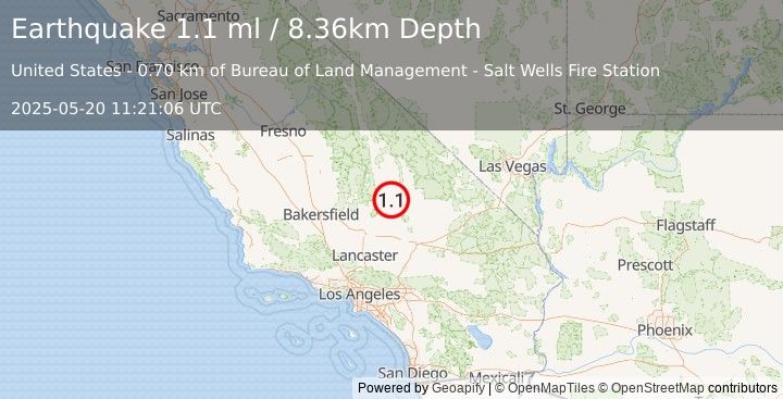 Earthquake 8 km E of Ridgecrest, CA (1.1 ml) (2025-05-20 11:21:06 UTC)