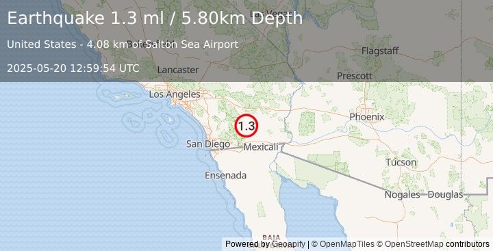 Earthquake 10 km SSE of Salton City, CA (1.3 ml) (2025-05-20 12:59:54 UTC)