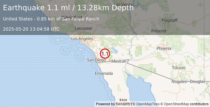 Earthquake 9 km ENE of Julian, CA (1.1 ml) (2025-05-20 13:04:58 UTC)