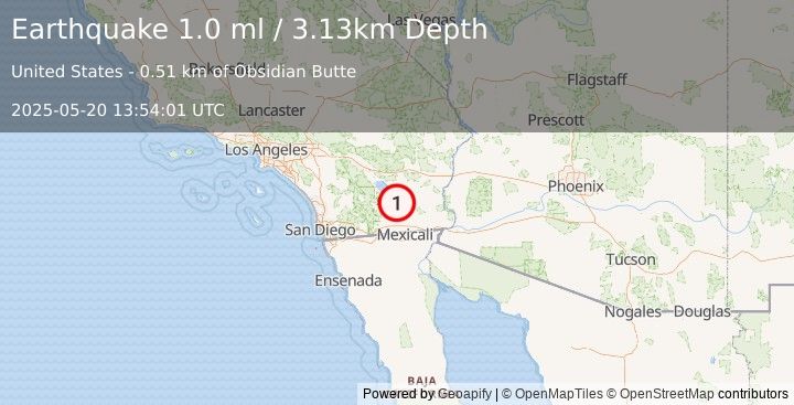 Earthquake 12 km WNW of Calipatria, CA (1.0 ml) (2025-05-20 13:54:01 UTC)