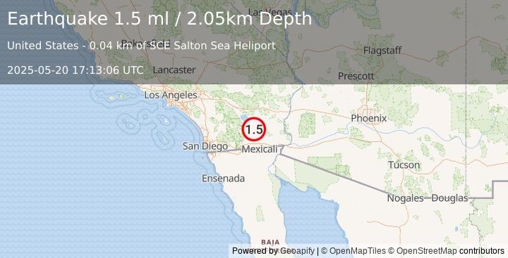Earthquake 13 km WNW of Calipatria, CA (1.5 ml) (2025-05-20 17:13:06 UTC)