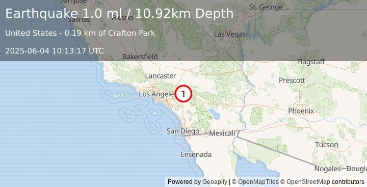 Earthquake 1 km SW of Mentone, CA (1.0 ml) (2025-06-04 10:13:17 UTC)
