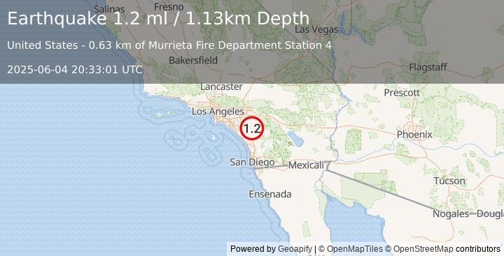 Earthquake 6 km NNW of Murrieta Hot Springs, CA (1.2 ml) (2025-06-04 20:33:01 UTC)