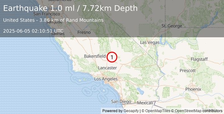 Earthquake 17 km WSW of Johannesburg, CA (1.0 ml) (2025-06-05 02:10:51 UTC)