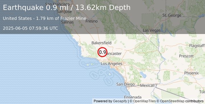 Earthquake 4 km S of Frazier Park, CA (0.9 ml) (2025-06-05 07:59:36 UTC)