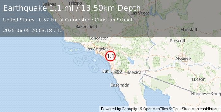 Earthquake 2 km NNE of Wildomar, CA (1.1 ml) (2025-06-05 20:03:18 UTC)