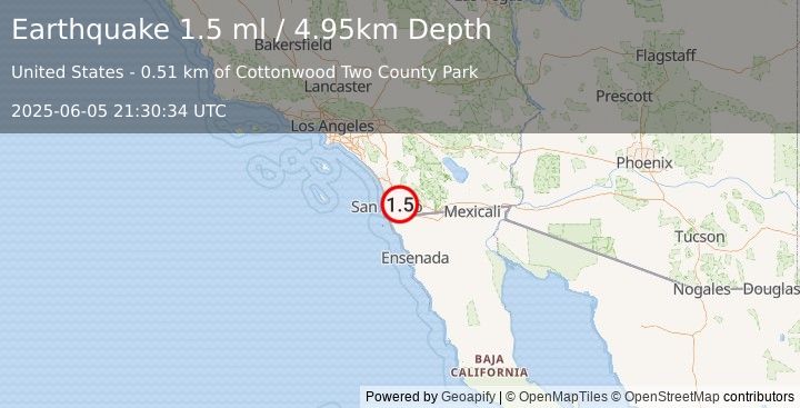 Earthquake 3 km ENE of Rancho San Diego, CA (1.5 ml) (2025-06-05 21:30:34 UTC)