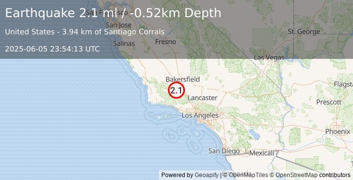 Earthquake 13 km SE of Maricopa, CA (2.1 ml) (2025-06-05 23:54:13 UTC)