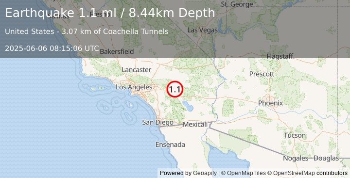 Earthquake 10 km E of Desert Hot Springs, CA (1.1 ml) (2025-06-06 08:15:06 UTC)
