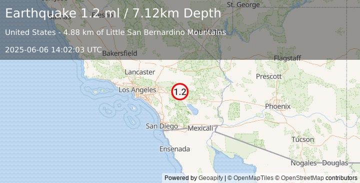 Earthquake 12 km E of Desert Hot Springs, CA (1.2 ml) (2025-06-06 14:02:03 UTC)