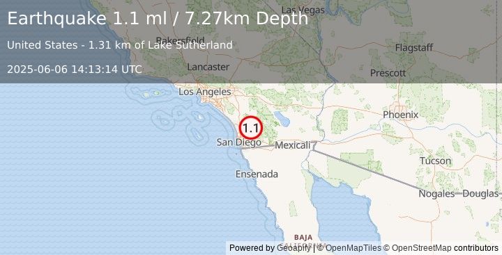 Earthquake 10 km NE of Ramona, CA (1.1 ml) (2025-06-06 14:13:14 UTC)