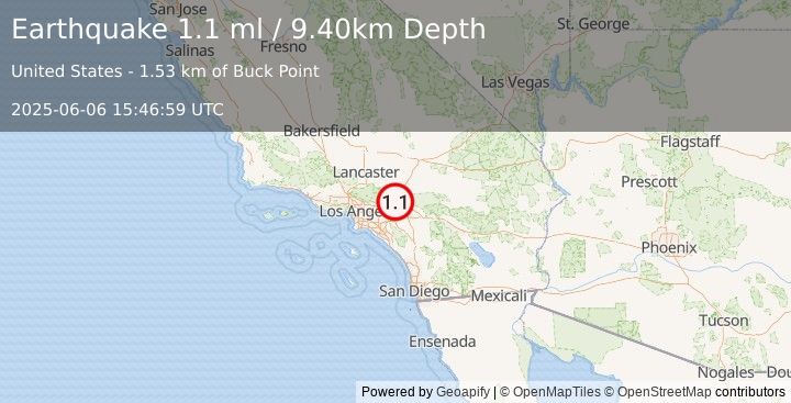 Earthquake 7 km SSW of Lytle Creek, CA (1.1 ml) (2025-06-06 15:46:59 UTC)