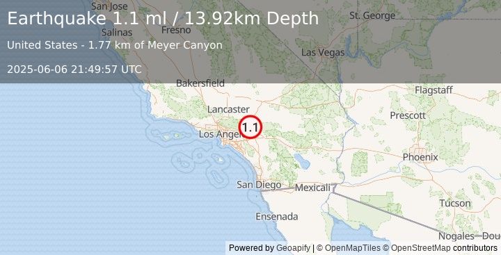 Earthquake 3 km W of Devore, CA (1.1 ml) (2025-06-06 21:49:57 UTC)