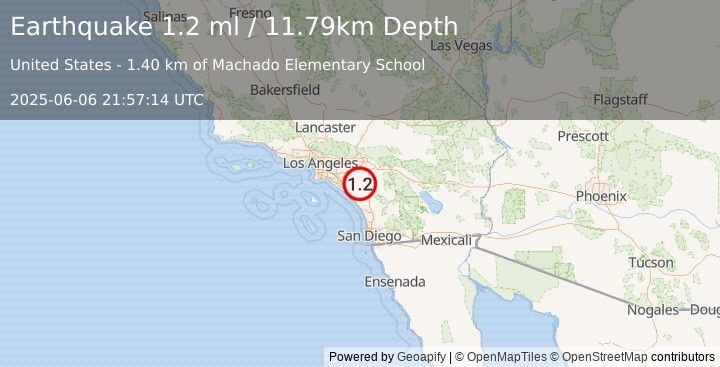 Earthquake 4 km W of Lake Elsinore, CA (1.2 ml) (2025-06-06 21:57:14 UTC)