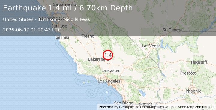 Earthquake 14 km E of Lake Isabella, CA (1.4 ml) (2025-06-07 01:20:43 UTC)