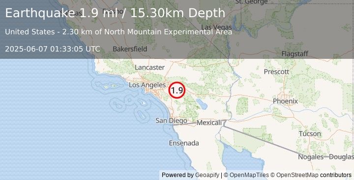Earthquake 9 km SSW of Banning, CA (1.9 ml) (2025-06-07 01:33:05 UTC)