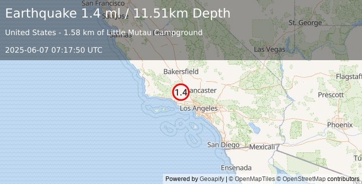 Earthquake 22 km SSW of Frazier Park, CA (1.4 ml) (2025-06-07 07:17:50 UTC)