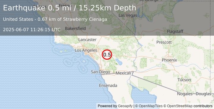 Earthquake 6 km NE of Idyllwild, CA (0.5 ml) (2025-06-07 11:26:15 UTC)