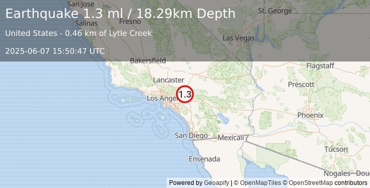 Earthquake 4 km SW of Devore, CA (1.3 ml) (2025-06-07 15:50:47 UTC)
