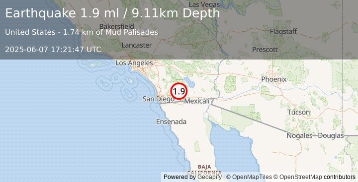 Earthquake 20 km SW of Ocotillo Wells, CA (1.9 ml) (2025-06-07 17:21:47 UTC)