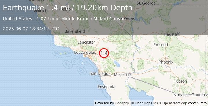 Earthquake 10 km N of Cabazon, CA (1.4 ml) (2025-06-07 18:34:12 UTC)