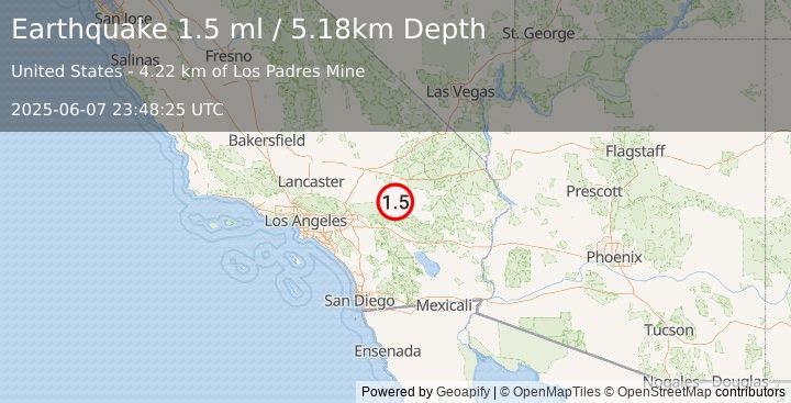 Earthquake 28 km N of Yucca Valley, CA (1.5 ml) (2025-06-07 23:48:25 UTC)