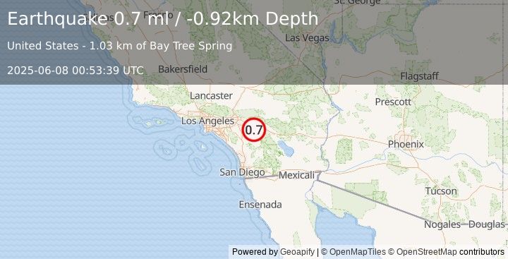 Earthquake 11 km S of Cabazon, CA (0.7 ml) (2025-06-08 00:53:39 UTC)