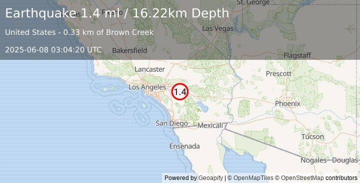 Earthquake 4 km SSW of Cabazon, CA (1.4 ml) (2025-06-08 03:04:20 UTC)
