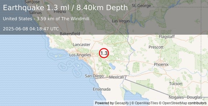 Earthquake 6 km N of Yucca Valley, CA (1.3 ml) (2025-06-08 04:18:47 UTC)
