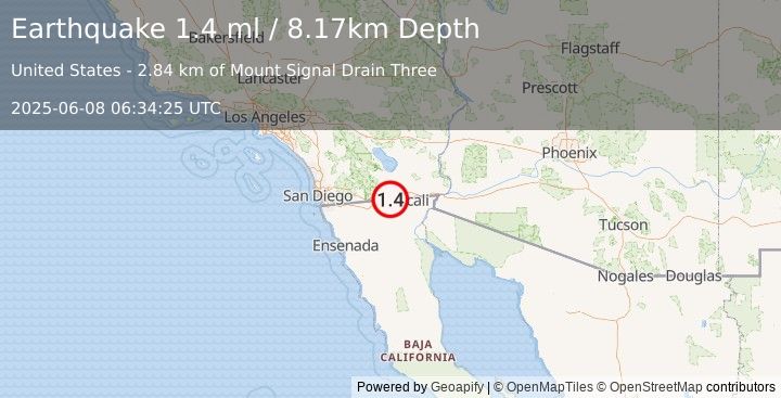 Earthquake 13 km NW of Progreso, B.C., MX (1.4 ml) (2025-06-08 06:34:25 UTC)