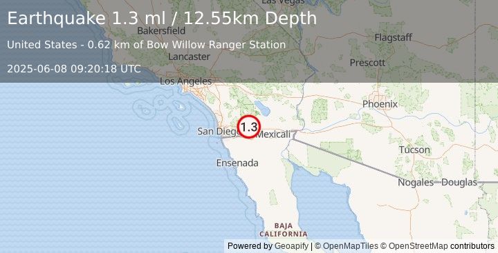 Earthquake 25 km WNW of Ocotillo, CA (1.3 ml) (2025-06-08 09:20:18 UTC)