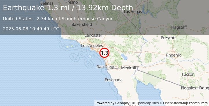Earthquake 3 km SSW of Wildomar, CA (1.3 ml) (2025-06-08 10:49:49 UTC)