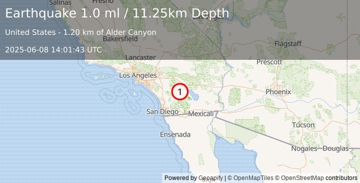 Earthquake 22 km N of Borrego Springs, CA (1.0 ml) (2025-06-08 14:01:43 UTC)