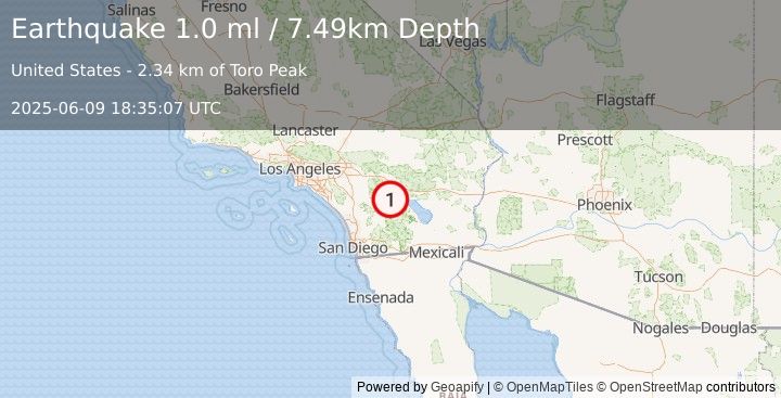 Earthquake 17 km SSW of La Quinta, CA (1.0 ml) (2025-06-09 18:35:07 UTC)