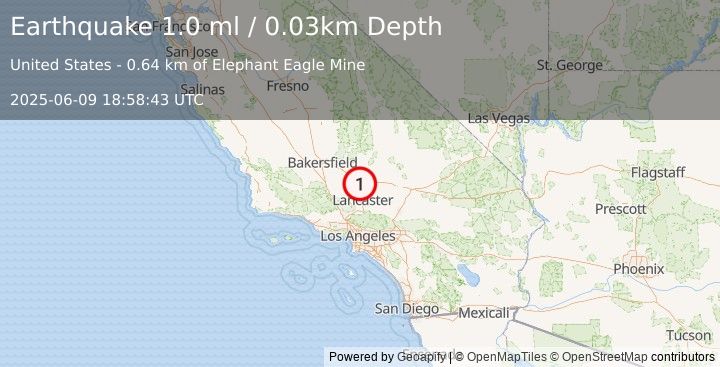 Earthquake 7 km SSW of Mojave, CA (1.0 ml) (2025-06-09 18:58:43 UTC)