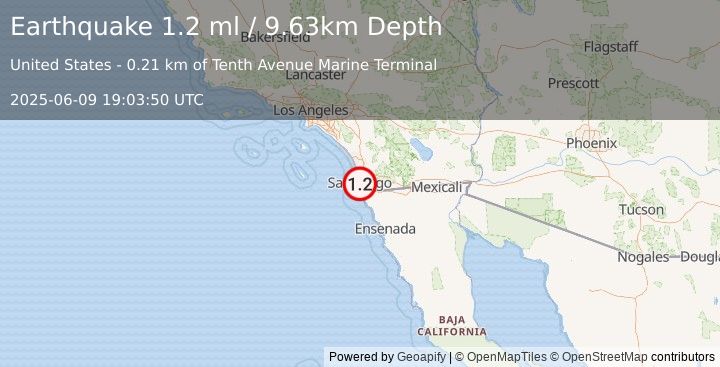 Earthquake 3 km ENE of Coronado, CA (1.2 ml) (2025-06-09 19:03:50 UTC)