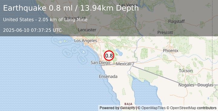 Earthquake 9 km NE of Julian, CA (0.8 ml) (2025-06-10 07:37:25 UTC)