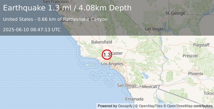 Earthquake 14 km N of Castaic, CA (1.3 ml) (2025-06-10 08:47:13 UTC)