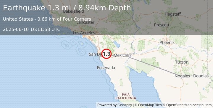 Earthquake 12 km SSW of Pine Valley, CA (1.3 ml) (2025-06-10 16:11:58 UTC)